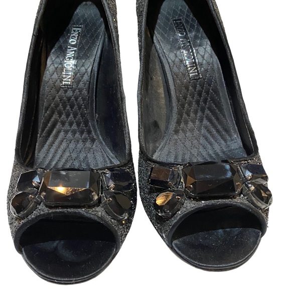 Enzo Angiolini black glitter open toe heel shoes with black stone details size 8 - Picture 5 of 8
